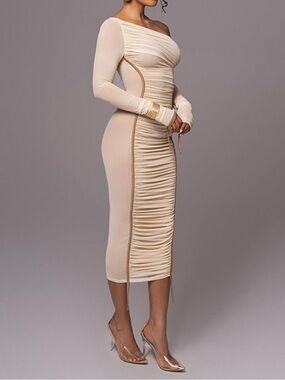Elegant One-Shoulder Ruched Midi Dress in Cream